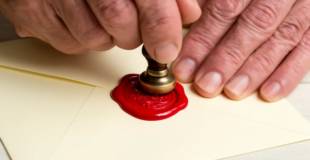 Mains appliquant un sceau de cire sur une enveloppe