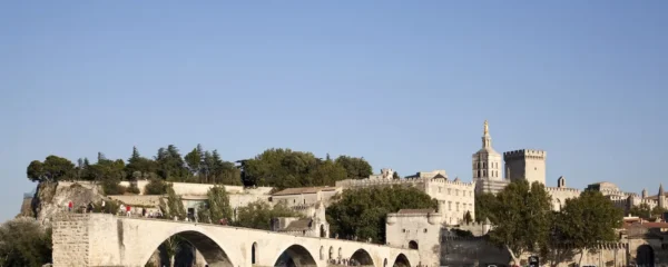 Vue du pont d'Avignon et du palais des papes au second plan