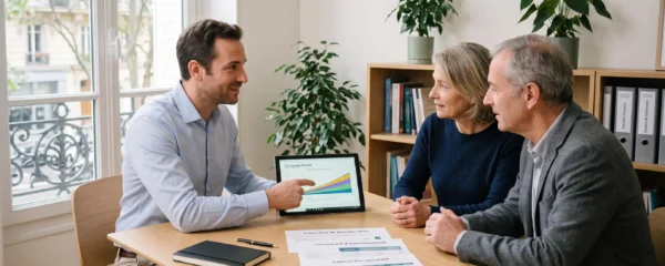 Conseiller en gestion de patrimoine présentant des projections de retraite sur tablette à un couple de clients seniors dans un bureau moderne lumineux avec documents financiers sur table