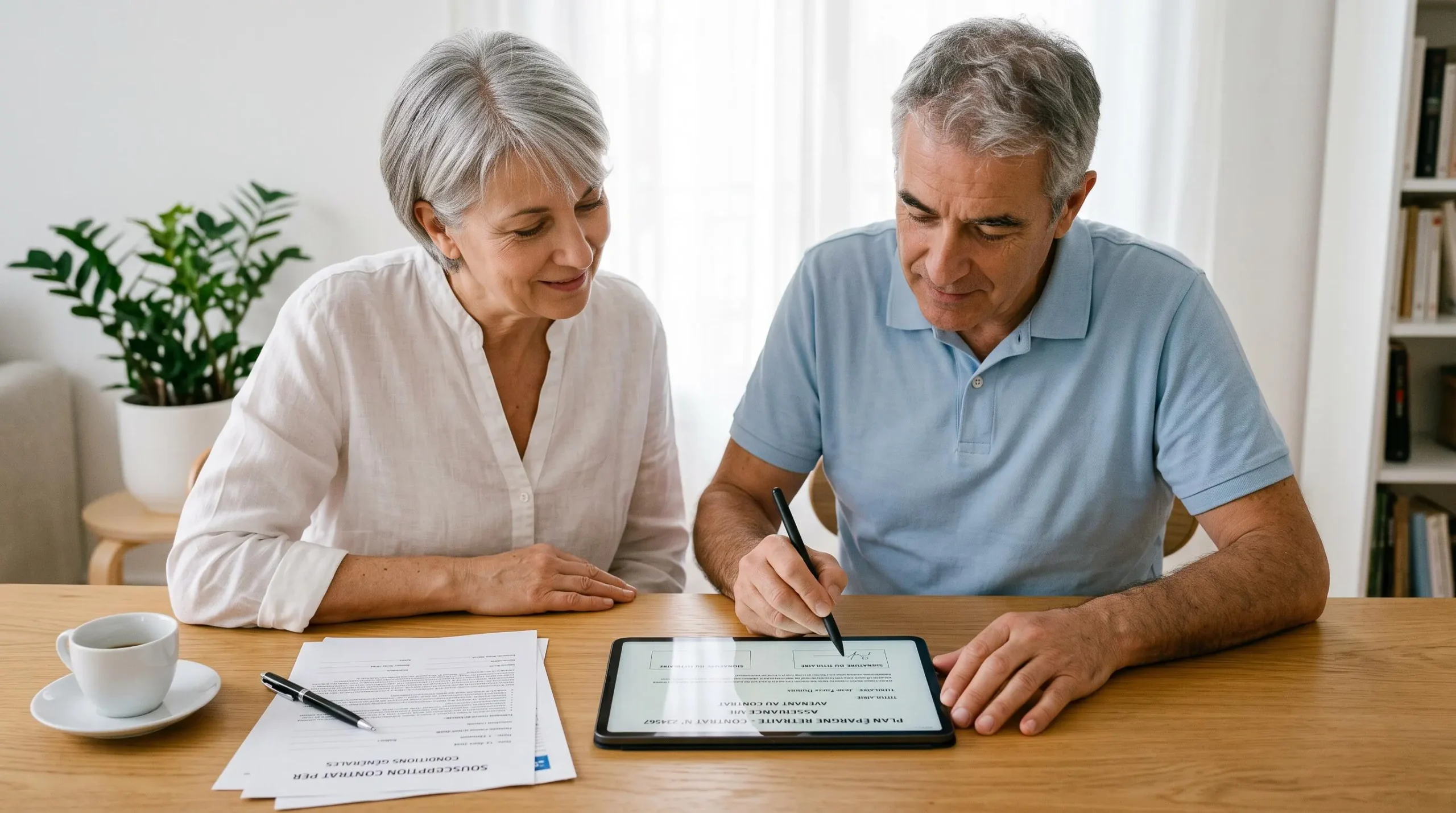 Couple de seniors signant ensemble sur tablette numérique un contrat de plan d'épargne retraite, avec documents papier sur table, dans un cadre domestique lumineux