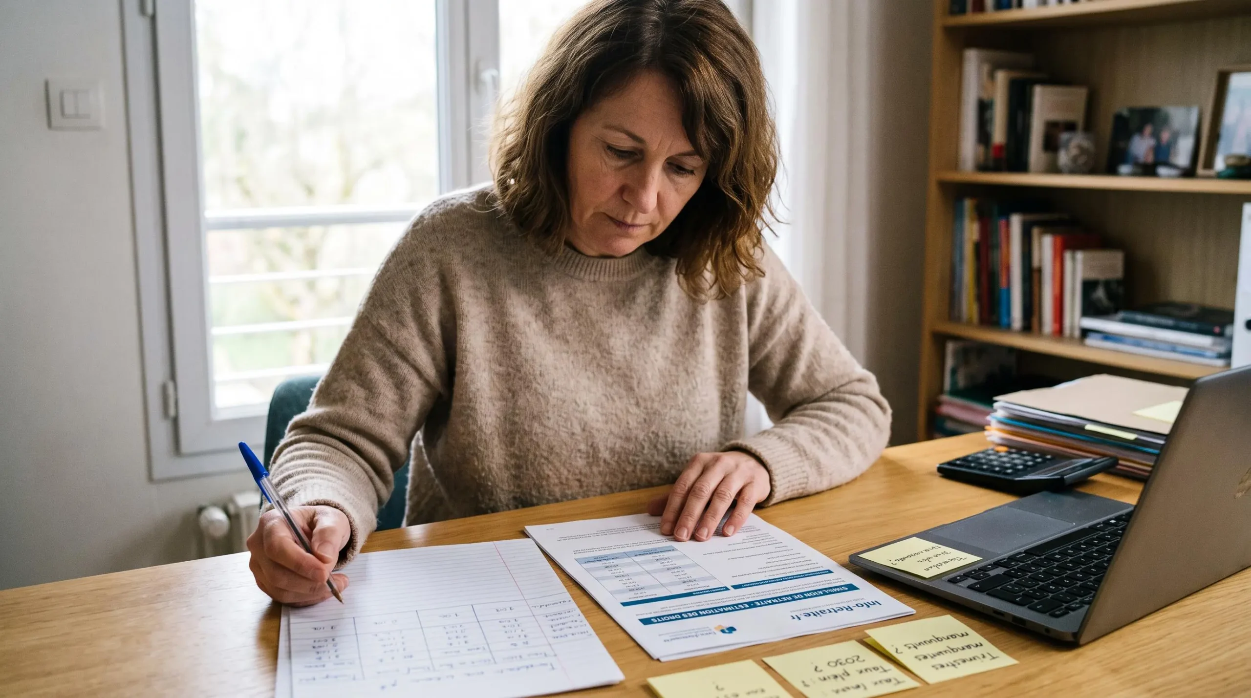 Femme de 52 ans consultant attentivement des documents de simulation retraite et notes de calculs fiscaux à son bureau à domicile, concentrée sur sa préparation patrimoniale