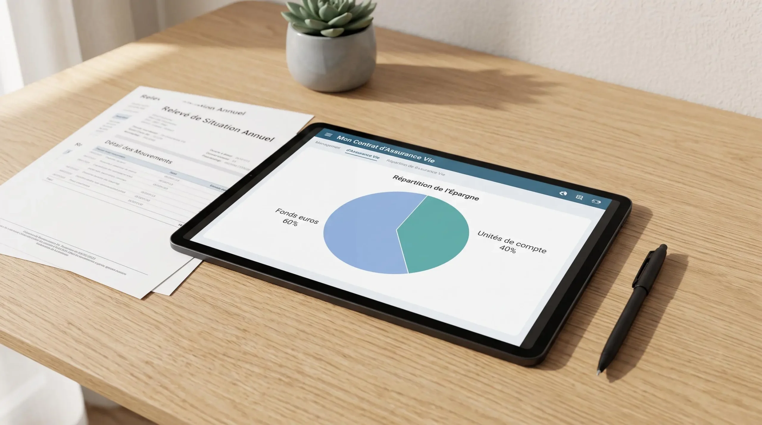 Tablette affichant interface de gestion d'assurance vie multisupport avec graphique de répartition fonds euros et unités de compte, posée sur bureau avec relevés de compte